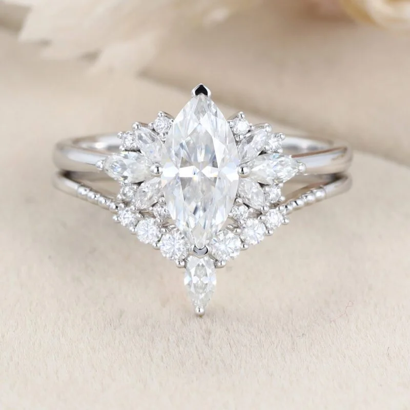 White gold Marquise moissanite engagement ring set Unique Vintage Cluster engagement ring Art Deco ring Bridal Promise Anniversary gift