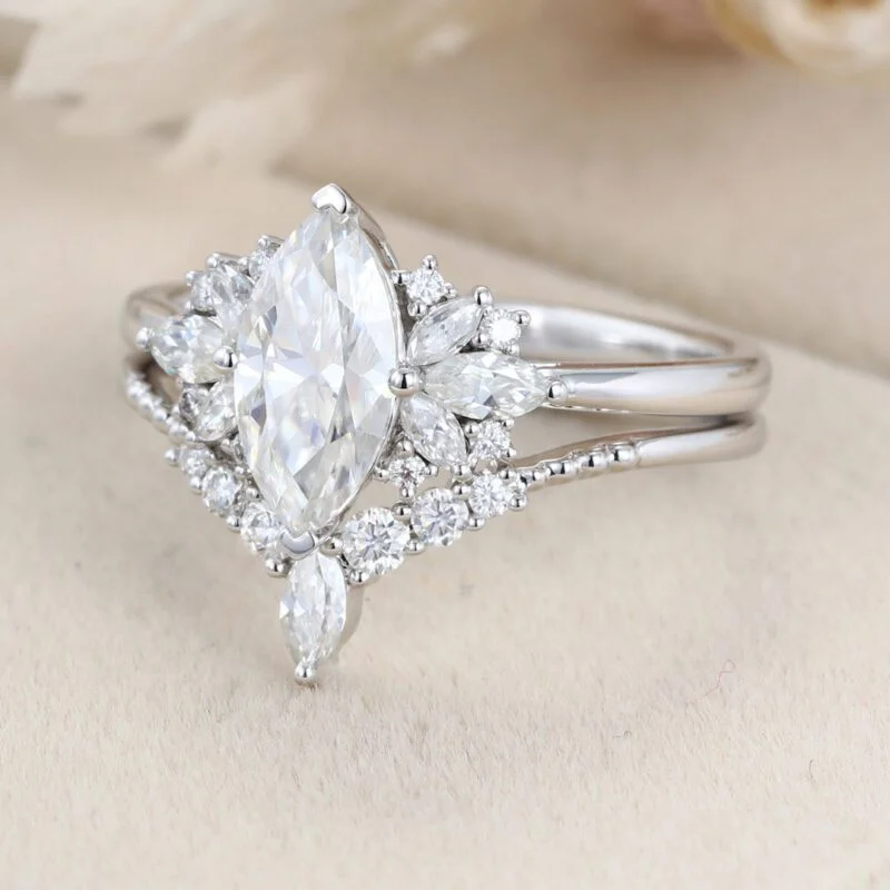 White gold Marquise moissanite engagement ring set Unique Vintage Cluster engagement ring Art Deco ring Bridal Promise Anniversary gift
