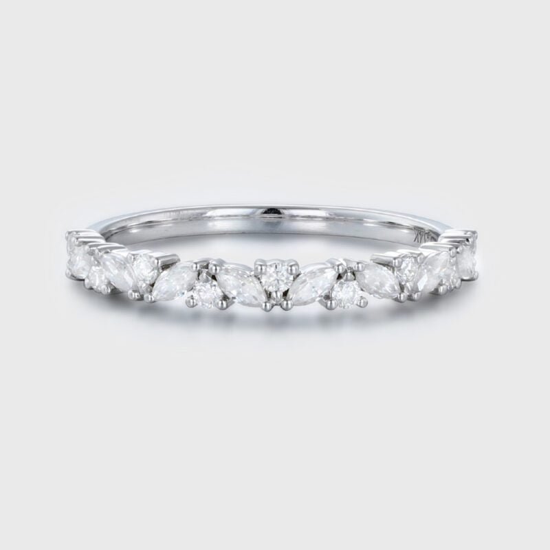 White gold wedding band women half eternity Marquise Moissanite wedding band vintage Matching Unique Bridal Stacking Promise gift for women