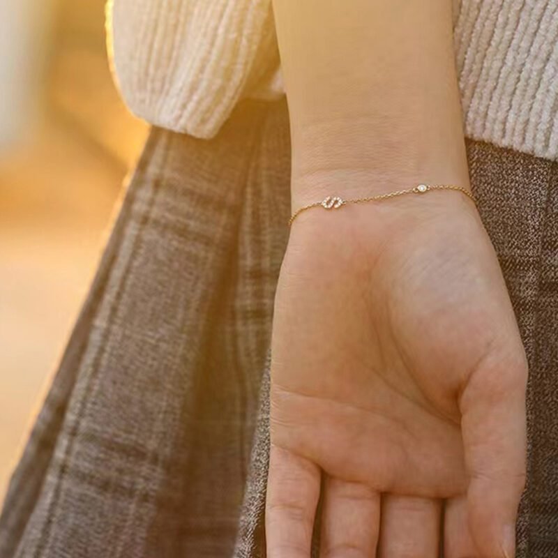 Yellow Gold Diamond Bracelet 14k Solid Gold Pave White Diamond S-shape Bracelet Dainty Friendship Bracelet Tiny Diamond Bracelet