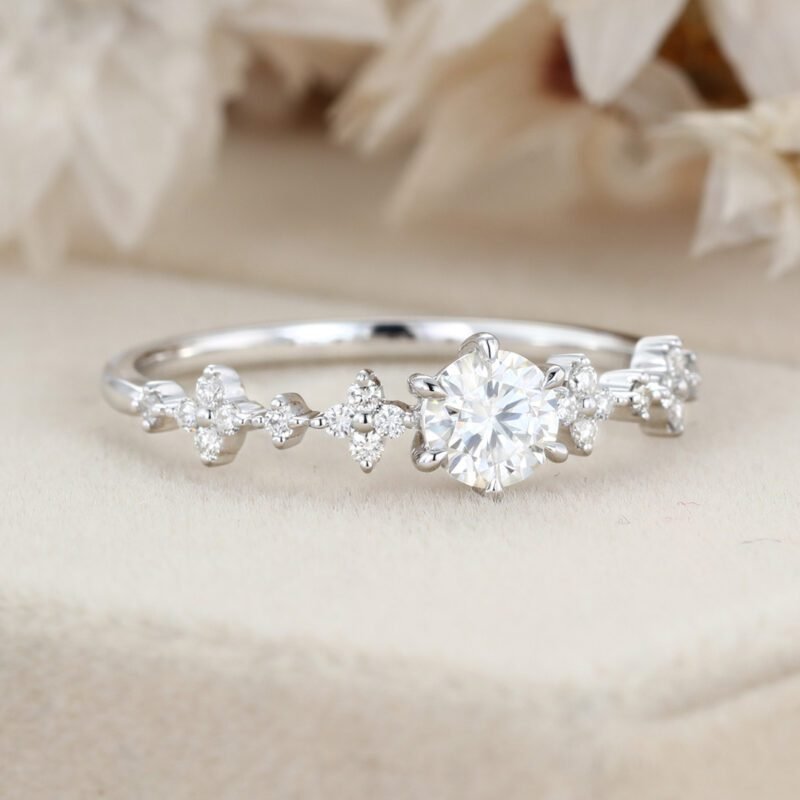 Ound Moissnaite engagement ring Unique Moissanite engagement ring White gold diamond engagement ring flower ring Bridal Promise Anniversary