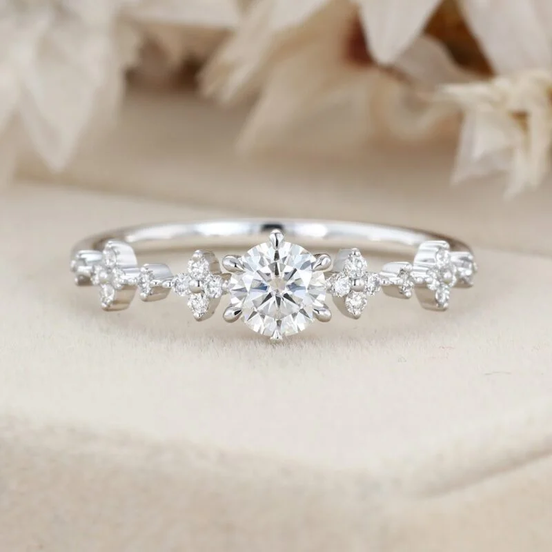 Ound Moissnaite engagement ring Unique Moissanite engagement ring White gold diamond engagement ring flower ring Bridal Promise Anniversary