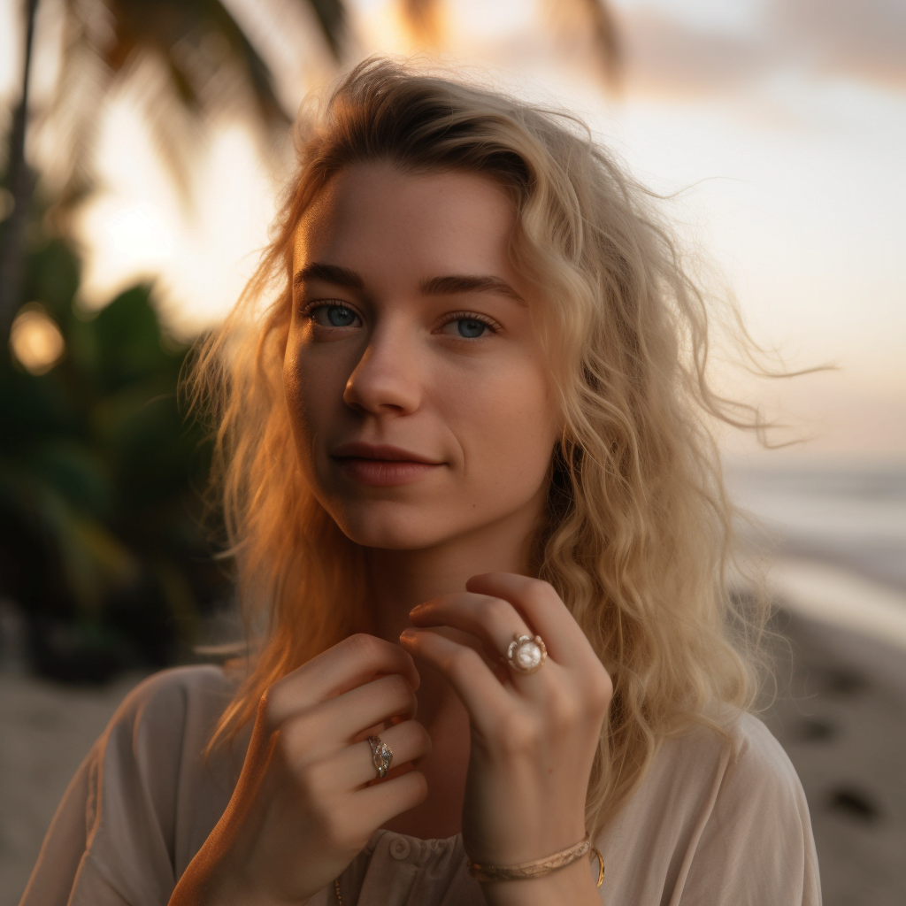 oveela_At dusk, near the beach with coconut trees, a young blonde woman is showing off an engagement ring